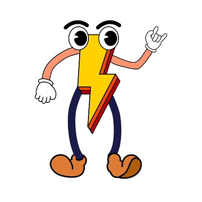 Bolt lightning Cartoon funny retro comic Christmas character, gloved hands, in trendy cartoon style. Sticker of groovy toons vintage character