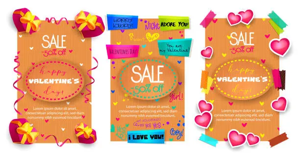 Vector illustration of Love concept in cartoon style. Set of discount banners on isolated white background.