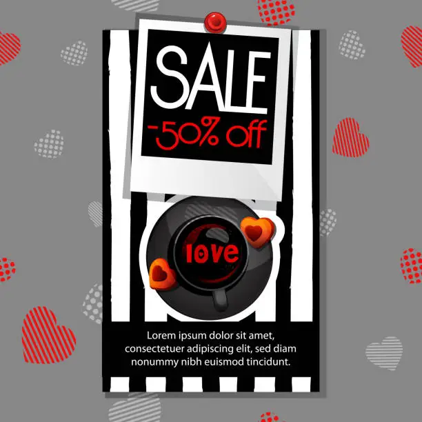 Vector illustration of Love concept in cartoon style. Discount banner on seamless love background.