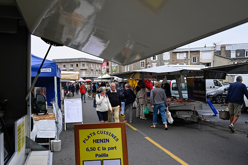 Pléneuf-Val-André, France, September 23, 2022 - Weekly summer market of local producers and craftsmen held at the place du marché in Val-André