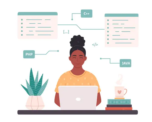 Vector illustration of Black woman working on laptop. Woman IT developer. Programming code. Freelance, remote working. Vector illustration in flat style