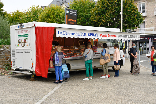 Pléneuf-Val-André, France, September 23, 2022 - Weekly summer market of local producers and craftsmen held at the place du marché in Val-André