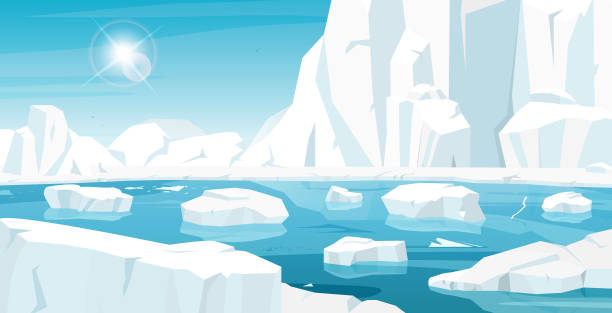 Arctic landscape. Arctic icebergs are melting into the sea. arctic stock illustrations