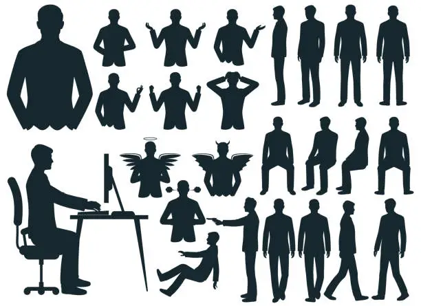 Vector illustration of Multiple silhouettes of a businessman sitting, standing and walking, Business People