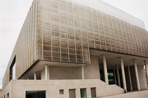 Vigo, Spain- August 7,2011: Mar de Vigo Auditorium conference center, large venue for concerts, conferences and shows that looks out over the estuary from its glass structure, designed architect César Portela. Building exterior, facade and staircase.