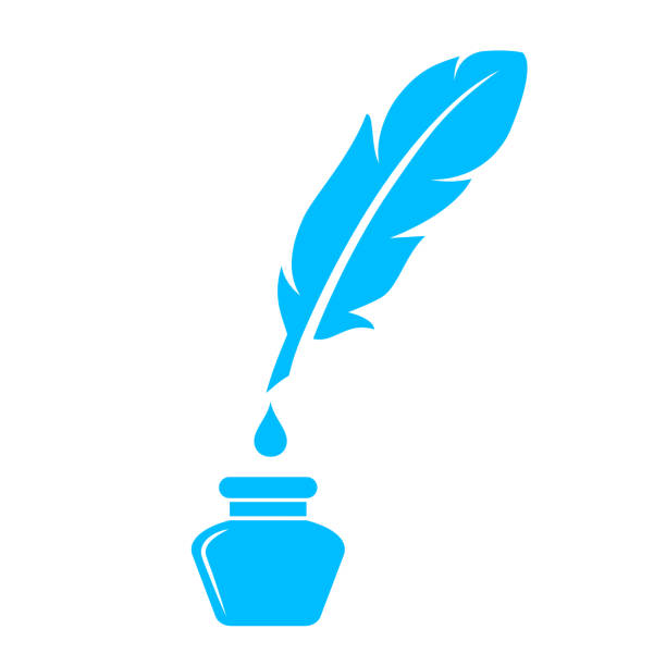 Quill pen and ink pot vector icon Quill pen and ink pot vector icon isolated on white background ancient writing tool stock illustrations