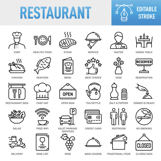 ilustraciones, imágenes clip art, dibujos animados e iconos de stock de restaurante - conjunto de iconos vectoriales de línea fina. pixel perfecto. trazo editable. para móviles y web. el conjunto contiene iconos: comida, restaurante, comida y bebida, bebida, café - bebida, taza de café, desayuno, vino, botella de vino, cop - waiter food restaurant delivering