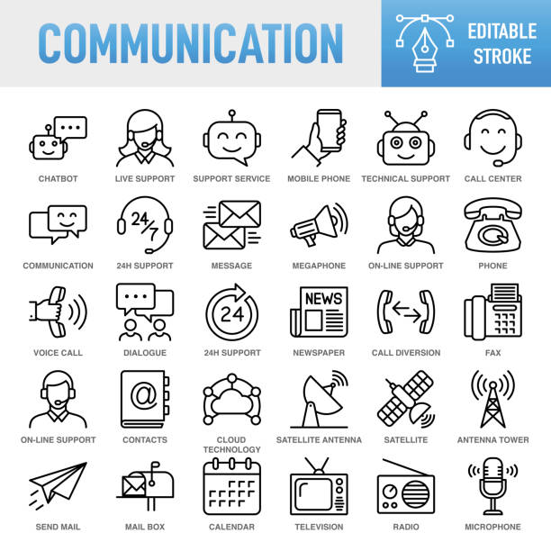 illustrazioni stock, clip art, cartoni animati e icone di tendenza di modern universal business communication line icon set - set di icone vettoriali a linea sottile. pixel perfetto. tratto modificabile. per mobile e web. il set contiene icone: comunicazione, connessione, internet, tecnologia, business, e-mail, utilizzo del  - touching mail connection business