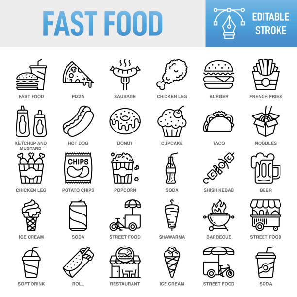 illustrazioni stock, clip art, cartoni animati e icone di tendenza di fast food - set di icone vettoriali a linea sottile. pixel perfetto. tratto modificabile. per mobile e web. il set contiene icone: fast food, fast food restaurant, pizza, hamburger, burger, cheeseburger, ristorante, panino, patatine fritte, patatine fritte - taco chips