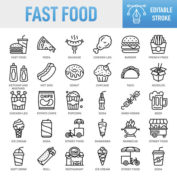 Fast Food - Thin line vector icon set. Pixel perfect. Editable stroke. For Mobile and Web. The set contains icons: Fast Food, Fast Food Restaurant, Pizza, Hamburger, Burger, Cheeseburger, Restaurant, Sandwich, Potato Chip, French Fries, Food Fast Food Line Icons. Set of vector creativity icons. 64x64 Pixel Perfect. Editable stroke. For Mobile and Web. The layers are named to facilitate your customization. Vector Illustration (EPS10, well layered and grouped), easy to edit, manipulate, resize or colorize. Vector and Jpeg file of different sizes. The set contains icons: Idea generation preparation inspiration influence originality, concentration challenge launch. Contains such icons as Fast Food, Fast Food Restaurant, Pizza, Hamburger, Burger, Cheeseburger, Restaurant, Sandwich, Potato Chip, French Fries, Food, Food and Drink, Drink, Meal, Hot Dog, Snack fast food stock illustrations