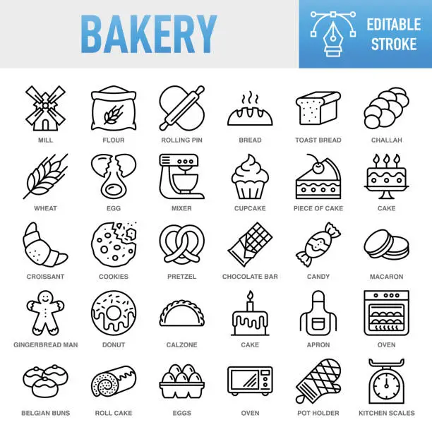 Vector illustration of Bakery - Thin line vector icon set. Pixel perfect. Editable stroke. For Mobile and Web. The set contains icons: Bakery, Cookie, Baking, Bread, Cake, Food, Food and Drink, Cupcake, Dough, Doughnut, Cooking, Baked Pastry Item, Sweet Food, Sweet Pie