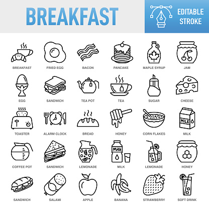 Breakfast Line Icons. Set of vector creativity icons. 64x64 Pixel Perfect. Editable stroke. For Mobile and Web. The layers are named to facilitate your customization. Vector Illustration (EPS10, well layered and grouped), easy to edit, manipulate, resize or colorize. Vector and Jpeg file of different sizes. The set contains icons: Idea generation preparation inspiration influence originality, concentration challenge launch. Contains such icons as Breakfast, Bacon, Egg, Fried Egg, Boiled Egg, Bread, Coffee - Drink, Coffee Cup, Cup, Breakfast Cereal, Milk, Tea - Hot Drink, Tea Cup, Sandwich, Food, Food and Drink, Meal