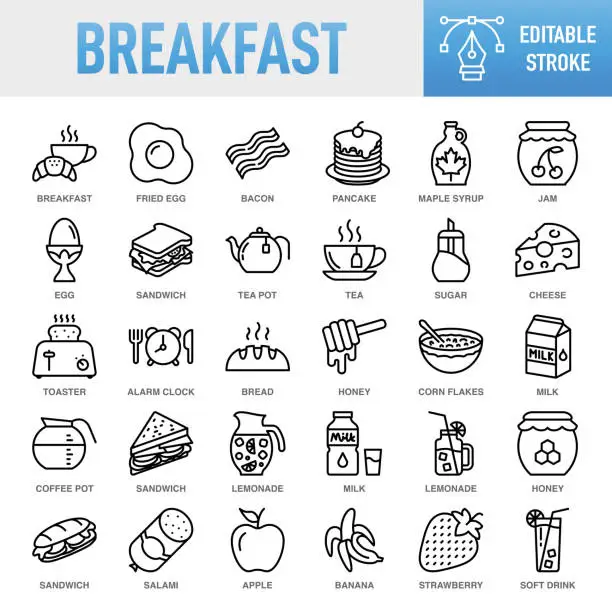 Vector illustration of Breakfast - Thin line vector icon set. Pixel perfect. Editable stroke. For Mobile and Web. The set contains icons: Breakfast, Bacon, Egg, Fried Egg, Boiled Egg, Bread, Coffee - Drink, Coffee Cup, Cup, Breakfast Cereal, Milk, Tea - Hot Drink, Tea Cup