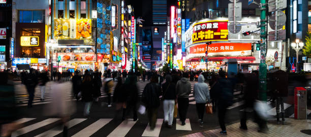 일본인의 야경 파노라마 전망, 아시아 여행자 횡단 도로, 고질라 거리 가부키초 지구, 신주쿠 도쿄의 자동차 교통 교통. 아시아 여행 관광, 일본 교통 - crossing people panoramic road 뉴스 사진 이미지