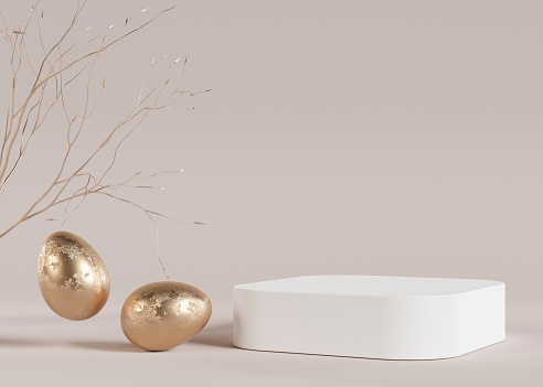 White podium with golden Easter eggs and copy space. Modern stage for product, cosmetic presentation. Easter mock up. Pedestal, platform for beauty products. Empty scene. Display, showcase. 3D render