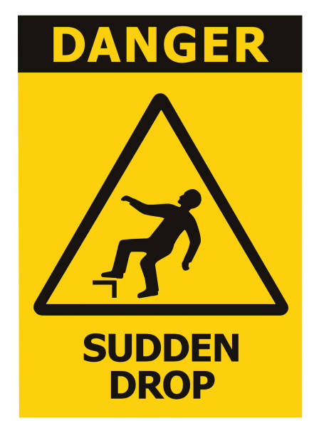 Sudden Drop Danger Warning Text Sign Icon Label, Black Triangle Over Yellow, Isolated Triangular Falling Injury Hazard Risk Caution Occupational Safety And Health Sticker Signage OSHA Concept, Large Detailed Vertical Macro Closeup, White Background advertencia de advertencia de caída repentina etiqueta de icono de señal de texto, triángulo negro sobre amarillo, triangular aislado lesión por caída riesgo de riesgo precaución señalización de etiquetas adhesivas de seguridad y salud ocupacional