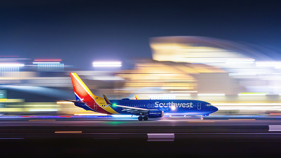 Southwest Airlines Boeing 737 taking off at night from Los Angeles International Airport.

Date: Oct 22, 2022