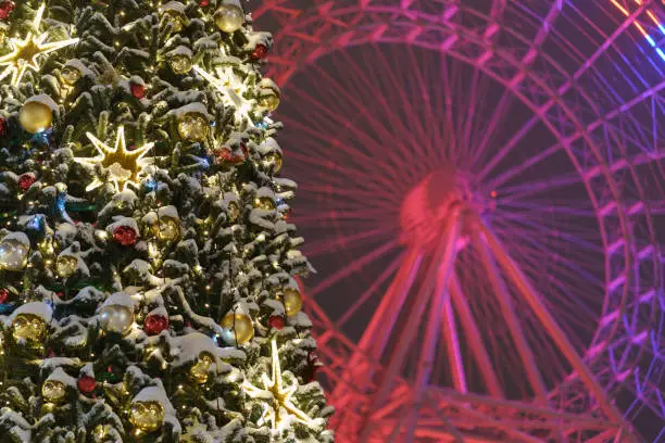Bright pink and red colored ferris wheel during winter night black sky as background. New Year tree is brightly decorated to the holidays. Wonderful view. The Sun of the city Moscow view