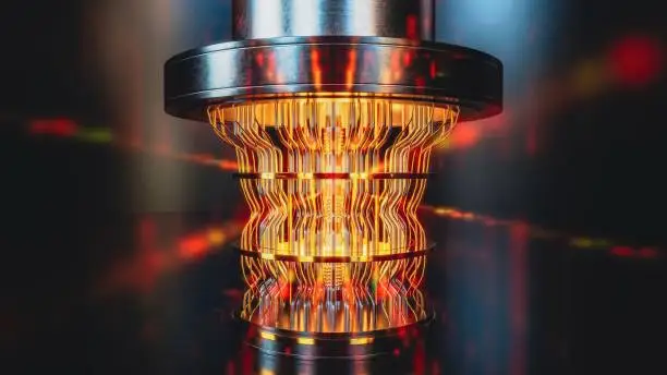 Photo of A futuristic glowing quantum computer unit, 3d render