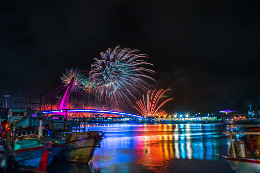 New Taipei City, Taiwan - December 31, 2022: To celebrate the upcoming year of 2023, local government set off spectacular fireworks for 13 minutes and 14 seconds that spreads over both side of Tamsui River.
