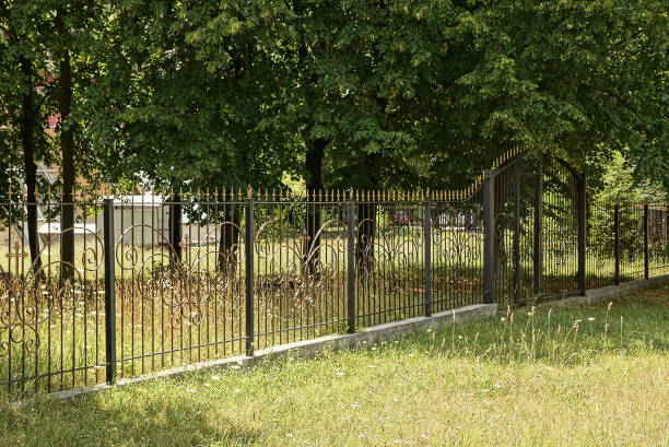 istock a long fence and gate made of black sharp iron bars 1453675449