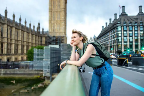 Photo of Attractive Caucasian Young Adult Female Tourist Leaning On Fence Of The Bridge Over Thames In London And Adoring The View