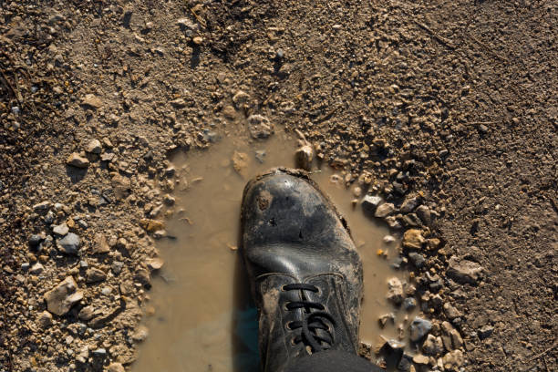 istock A dirty black military boot covered in mud stands in a puddle 1453680126