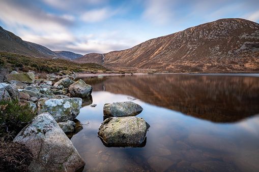 Wide angle view of sunset at Llyn Idwal, Snowdonia National Park, Wales, UK