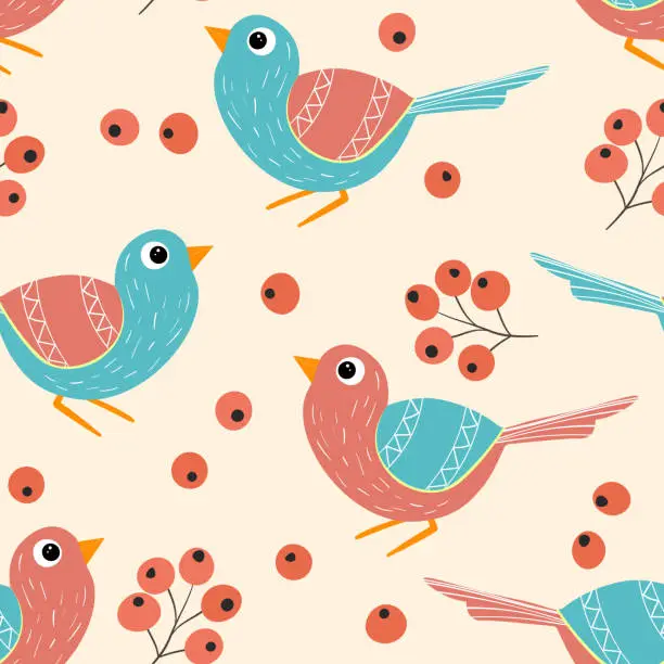 Vector illustration of Seamless pattern with funny colorful birds, flowers, leaves and berries. Color flat vector illustration with little cartoon bird. Cute characters. Design for invitation, poster, card, textile, fabric