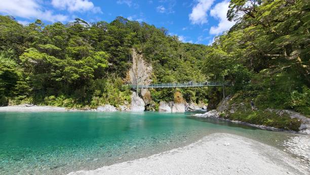 istock Blue pool and suspension bridge of Makarora River 1453687417