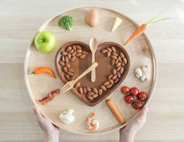 IIntermittent fasting IF and keto diet concept with hour clock timer for eating nutritional or ketogenic food low carb, high fat and protien food meal healthy heart dish and skipping meal for weight loss iintermittent ayuno if y concepto de dieta ceto con temporizador de reloj de hora para comer alimentos nutricionales o cetogénicos bajo en carbohidratos, alto contenido de grasas y comida protien plato saludable para el corazón y saltarse la comida para