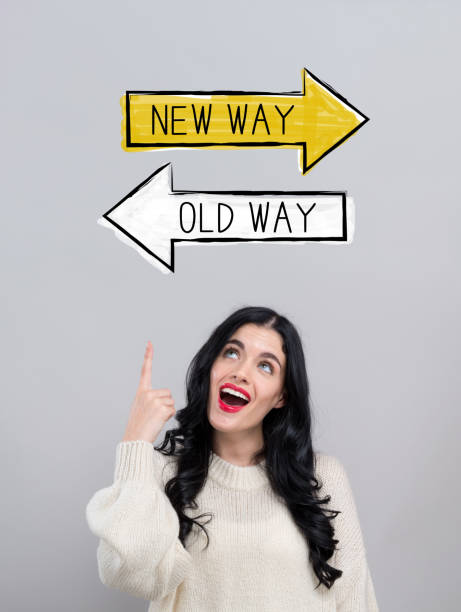 istock Old way or new way with happy young woman 1453690628