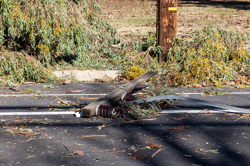 January 1, 2023 Land Park, Sacramento CA, Storm Damage.  Downed top of power pole on Sutterville Road.  13 of 13
