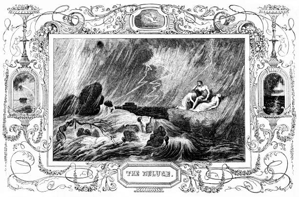 ilustraciones, imágenes clip art, dibujos animados e iconos de stock de el arca de noé en el diluvio, génesis, teología bíblica, espacio de copia - ark bible animal engraving