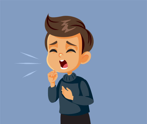 ilustrações de stock, clip art, desenhos animados e ícones de coughing boy feeling ill from a flu vector cartoon illustration - bronquiolite