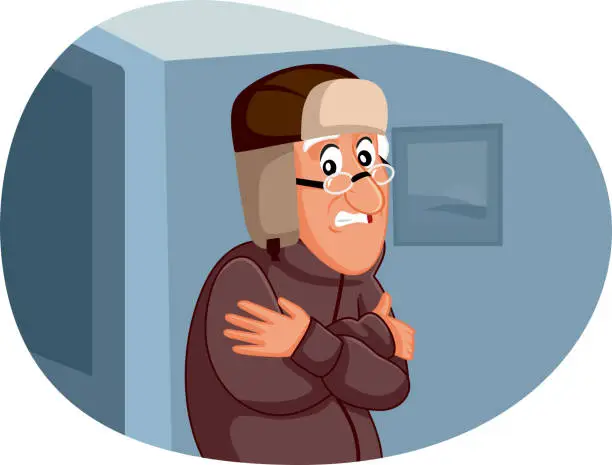 Vector illustration of Elderly Man Freezing Feeling Cold at Home Vector Illustration