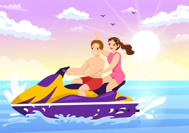 Vector illustration of People Ride Jet Ski Illustration Summer Vacation Recreation, Extreme Water Sports and Resort Beach Activity in Hand Drawn Flat Cartoon Template