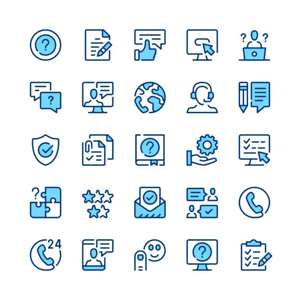 Vector illustration of Customer service line icons. Blue color. Outline symbols. Vector line icons set