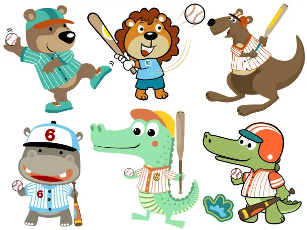 Vector illustration of set of funny animals cartoon play baseball