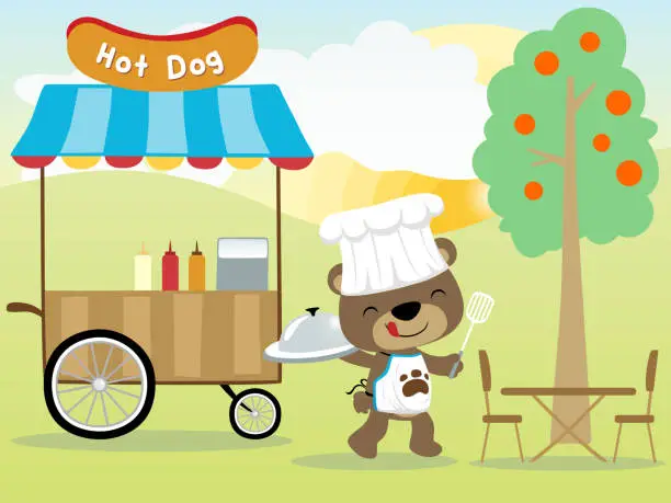 Vector illustration of cartoon of hot dog cart with cute bear on nature background