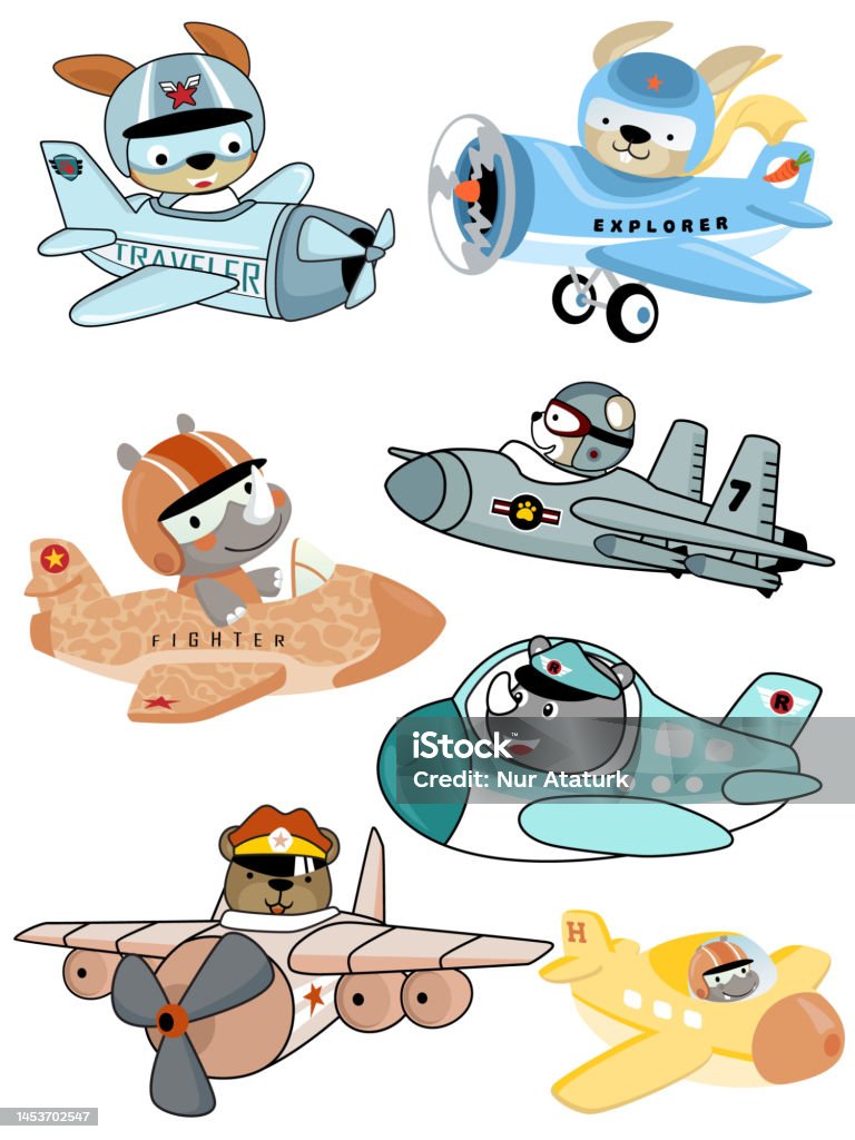 Set Of Airplanes Cartoon With Funny Animals Pilot Stock Illustration -  Download Image Now - Air Force, Air Vehicle, Airplane - iStock