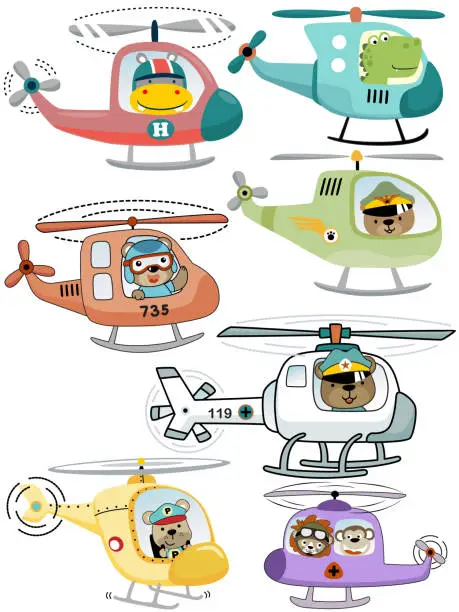 Vector illustration of set of helicopters cartoon with funny animals pilots
