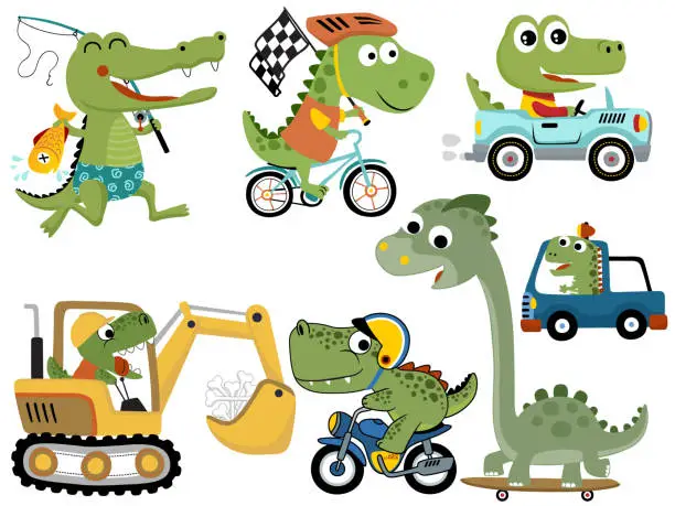 Vector illustration of set of cute green monsters cartoon in various activities