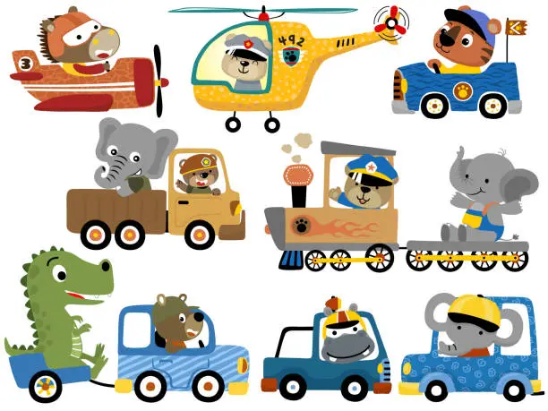 Vector illustration of set of cute animals cartoon on various vehicles