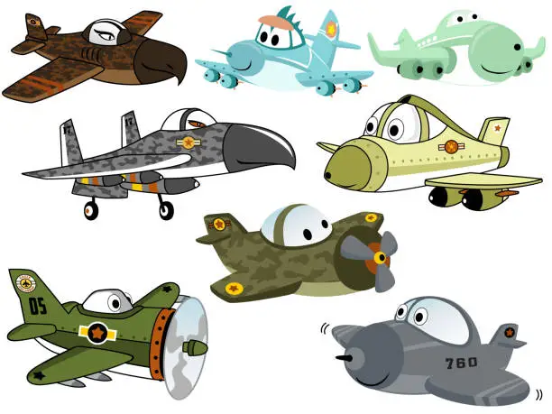 Vector illustration of set of various military airplane cartoon