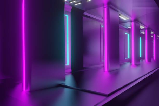 istock 3d render, glowing lines, tunnel, neon lights, virtual reality, abstract background, square portal, arch, pink blue spectrum vibrant colors, laser show 1453703364