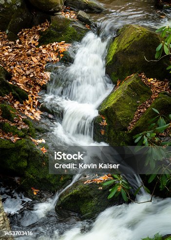 istock Long exposure waterfall in Smoky Mountain National Park during fall autumn with colorful leaves and silky smooth water. Cades Cove Tennessee 1453703416