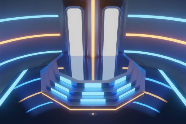 istock 3d render, glowing lines, tunnel, neon lights, virtual reality, abstract background, square portal, arch, pink blue spectrum vibrant colors, laser show 1453703544