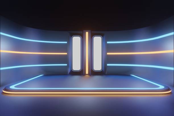 istock 3d render, glowing lines, tunnel, neon lights, virtual reality, abstract background, square portal, arch, pink blue spectrum vibrant colors, laser show 1453703545