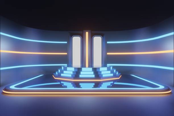 istock 3d render, glowing lines, tunnel, neon lights, virtual reality, abstract background, square portal, arch, pink blue spectrum vibrant colors, laser show 1453703546